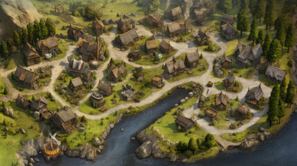 rpg map asset cartography village medieval landscape top down view - by generative ai