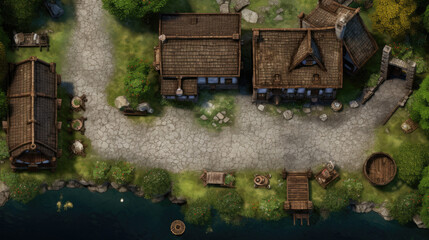 rpg map asset cartography small village medieval landscape top down view - by generative ai