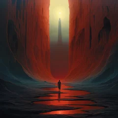 Selbstklebende Fototapeten Beautiful quiet alien landscapes red sunrise nature wallpaper image AI generated art © Biplob