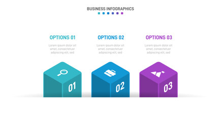 Timeline infographic with infochart. Modern presentation template with 3 spets for business process. Website template on white background for concept modern design. Horizontal layout.