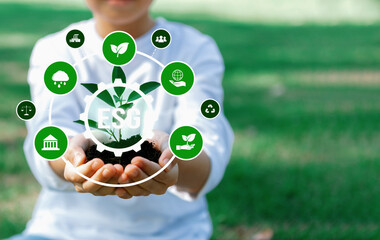 Little kid nurturing plant with eco icon symbolize natural preservation for future sustainable...