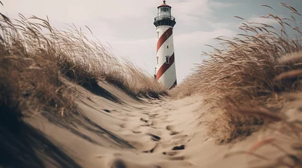 Foto op Aluminium A red and white striped lighthouse in the beautiful sand dunes © Connie