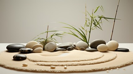  a table topped with stones and plants on top of a white tablecloth covered in pebbles and grass on top of a white table.  generative ai