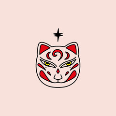 Cute Japanese cat masks square vector illustration card, isolated graphics on black background.