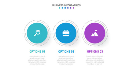Timeline infographic with infochart. Modern presentation template with 3 spets for business process. Website template on white background for concept modern design. Horizontal layout.