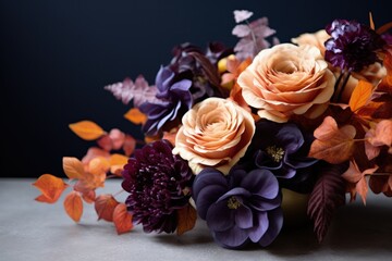 Bespoke Modern Thanksgiving Floral Centerpieces showcased in trendy tones of deep eggplant purple dusky blueberry blue bright sunset orange and antique parchment cream 