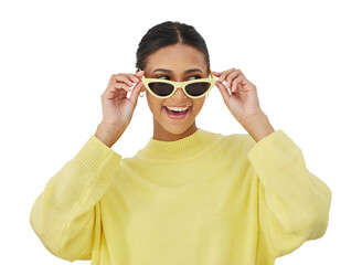 Happy, sunglasses and young woman with fashion or casual, stylish and cool outfit isolated on a png...