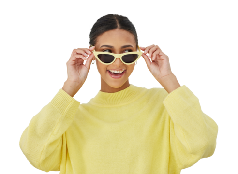 Happy, sunglasses and young woman with fashion or casual, stylish and cool outfit isolated on a png transparent background. Smile, person and eyewear with trendy style, accessories or confidence - Powered by Adobe