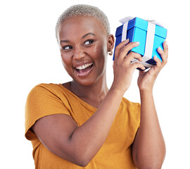 Gift, box and excited black woman curious, wonder and shake product on transparent, png background....