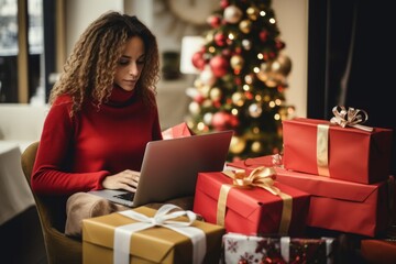 Fototapeta na wymiar Woman excessively buying Christmas gifts online.