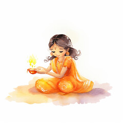 Indian girl holding Diwali candle. Watercolor illustration created with Generative Ai technology