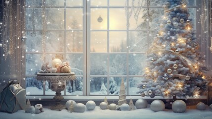  a christmas tree sitting in front of a window next to a snow covered christmas tree in front of a window.  generative ai
