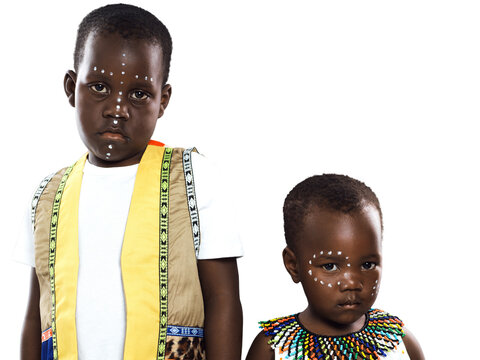 Black children, portrait and face paint for tribe, Africa or culture tradition isolated on a transparent PNG background. Young African kids, model or boys in traditional fashion, style or clothing