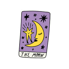 The Moon cartoon doodle Tarot logo or label, magic cards reader, hand-drawn sketch brush simple minimal print for magical esoteric souvenirs. Witchy female hand drawn magic love fortune spell