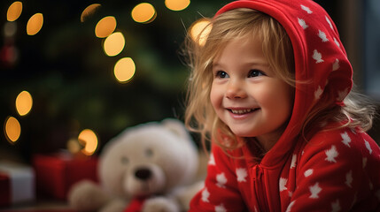Fototapeta na wymiar A small child with a big grin, wearing holiday-themed pajamas, finding a new teddy bear under the tree, joyful child looking for gifts under the tree, blurred background