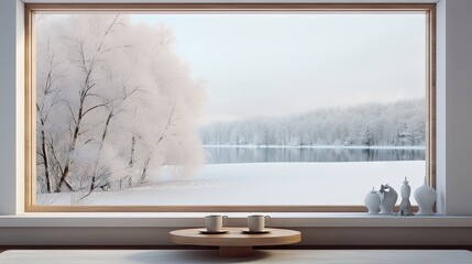  a view of a snowy landscape through a window with two cups on a table and two vases on the side of the window.  generative ai