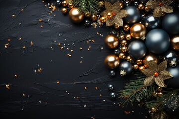 Christmas and New Year holiday background with golden and black decorations. Top view with copy space.