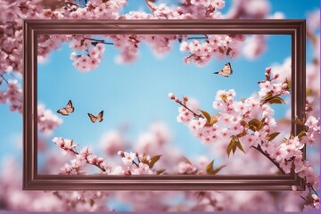 Frame of branches of blossoming cherry against background of blue sky and fluttering butterflies