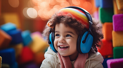 A child in a fluffy earmuff, giggling as he unravels a set of colorful building blocks, joyful child looking for gifts under the tree, blurred background, with copy space - obrazy, fototapety, plakaty