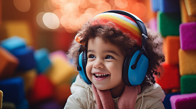 A child in a fluffy earmuff, giggling as he unravels a set of colorful building blocks, joyful child looking for gifts under the tree, blurred background, with copy space