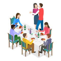 3D Isometric Flat  Illustration of Friends Dinner. Item 1