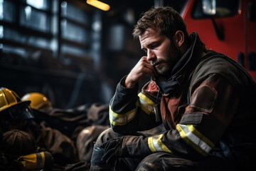Exhausted firefighter in empty fire station background with space for text  - obrazy, fototapety, plakaty