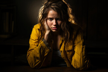 Fototapeta premium Depressed young woman in dimly lit room isolated on a gradient background 