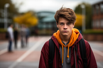 Teenager isolated displaying sadness amidst lively school surroundings  - obrazy, fototapety, plakaty
