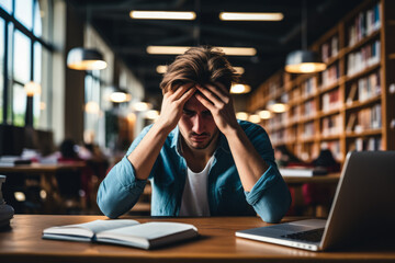 University student alone in library showing signs of stress background with empty space for text  - obrazy, fototapety, plakaty