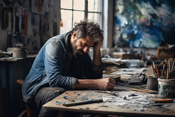 Obraz premium Depressed artist in unkempt workshop visibly grappling with emotional turmoil 