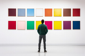 Melancholic visitor contemplating artwork in gallery isolated on a gradient background 