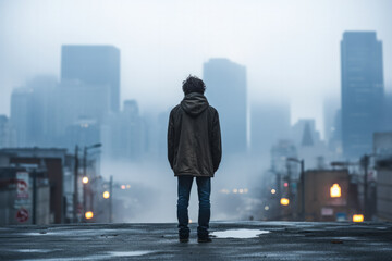 Fototapeta na wymiar Lonely adult male in gritty cityscape background with empty space for text 