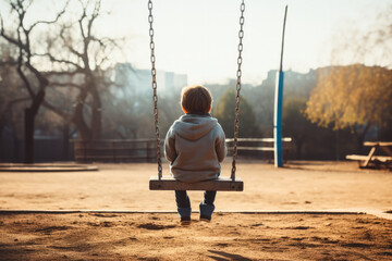 Child alone on playground swing background with empty space for text  - obrazy, fototapety, plakaty