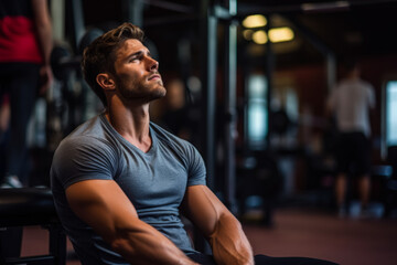 Gym-goer sitting dejectedly on bench press background with empty space for text 