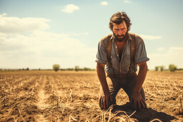 Distressed farmer in barren field background with empty space for text  - obrazy, fototapety, plakaty