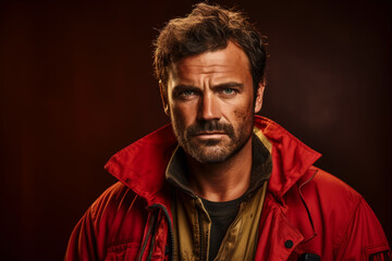 Fototapeta premium Troubled firefighter at fire station isolated on a gradient red background 