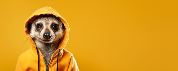 Funny looking meerkat or desert mongoose wearing sport sweatshirt hoodie. Wide banner with copy space on side. Generative AI - obrazy, fototapety, plakaty