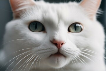 Close-up portrait of a funny surprised white cat