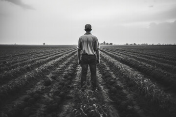 Depressed farmer standing alone in vast unproductive agricultural fields under grayscale sky 