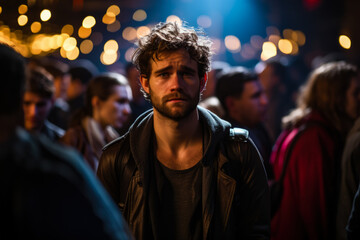 Sad individual lost in thought experiencing melancholy in crowded nightclub  - obrazy, fototapety, plakaty