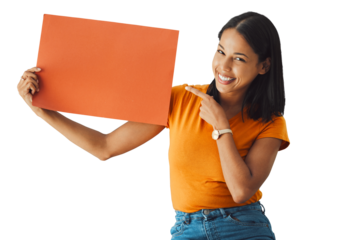 Woman, presentation and poster mockup for advertising, news and learning or education announcement. Happy student in portrait pointing to space for opportunity isolated on transparent, png background