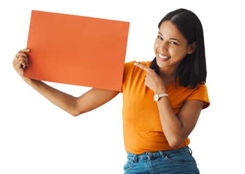 Woman, presentation and poster mockup for advertising, news and learning or education announcement. Happy student in portrait pointing to space for opportunity isolated on transparent, png background