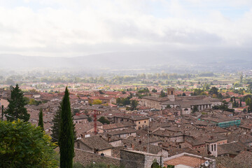 Naklejka premium Panoramic view of the medieval town of Gubbio in Umbria, Italy 