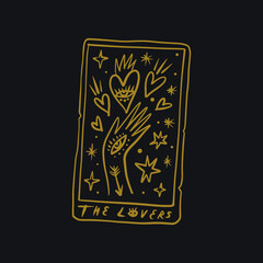 The Lovers black and gold Tarot logo or label, magic cards reader, hand-drawn sketch brush simple minimal print for magical esoteric souvenirs. Witchy female hand drawn magic love fortune spell