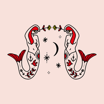 Tattooed cartoon mermaids art square vector illustration card, isolated graphics on background.