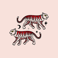 Groovy funny asian cat tigers Japanese doodles. Beautiful wild cats, contour animals. Square vector illustration card. © Knstart Studio