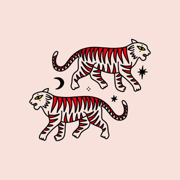 Groovy funny asian cat tigers Japanese doodles. Beautiful wild cats, contour animals. Square vector illustration card.