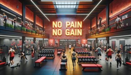 Energetic Fitness Center with 'No Pain, No Gain' Mantra on Brick Wall, Diverse Workout Environment