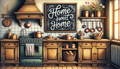 Rustic Kitchen Charm with 'Home Sweet Home' Chalkboard, Vintage Vibe with Warmth and Comfort
