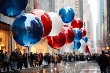 Time-honored Macys parade balloons captured in newsprint grey umber rosewood red cobalt blue  - obrazy, fototapety, plakaty